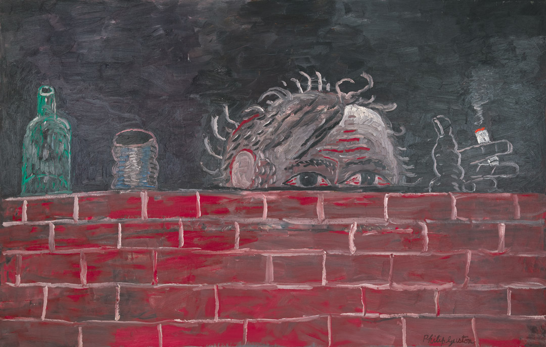 Painting of a figure partially peeking over a brick wall, holding a cigarette. A bottle and a can sit on the wall at the same height as his head